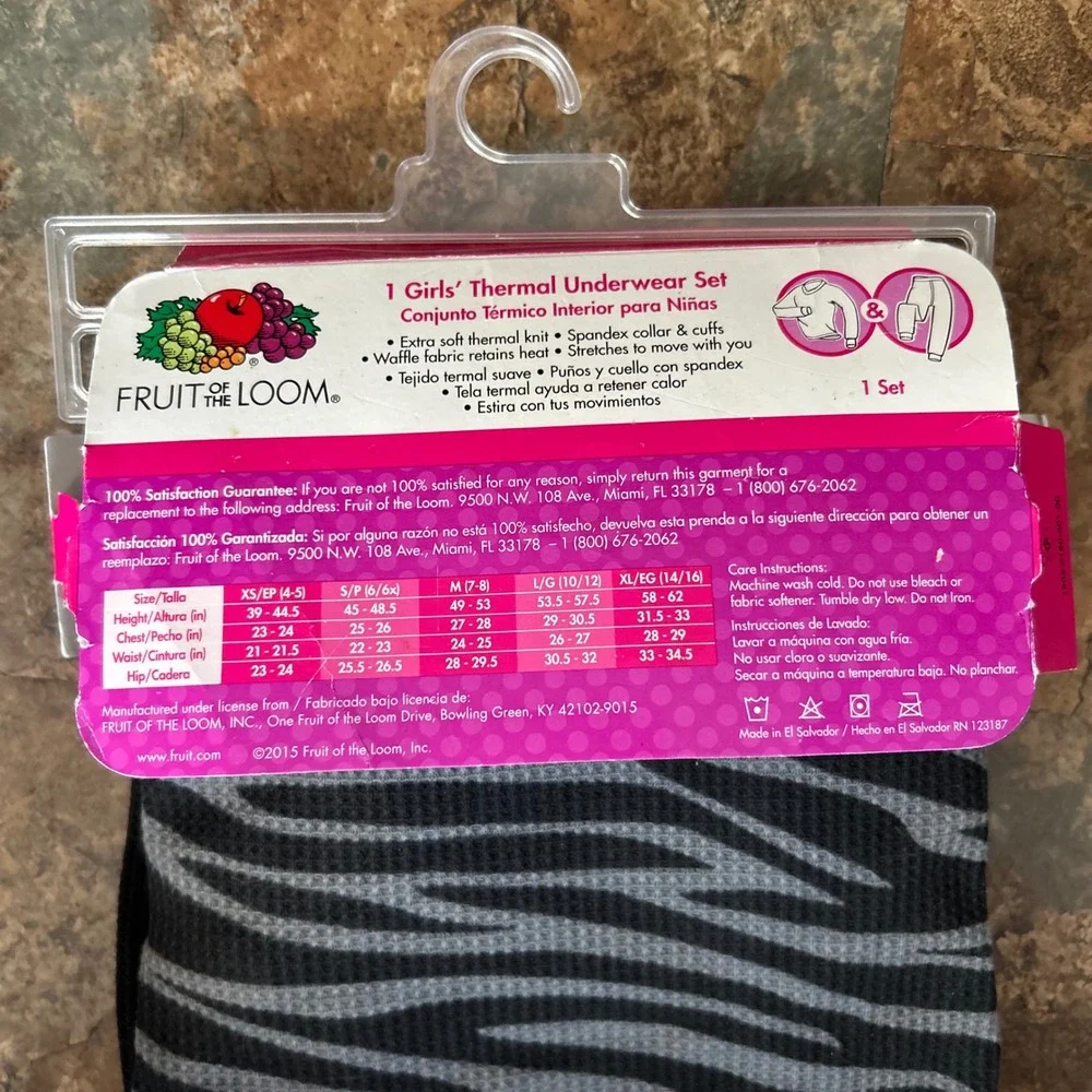 Fruit Of The Loom Thermal Underwear Set Girls Size Medium 7/8 Gray Black Leopard